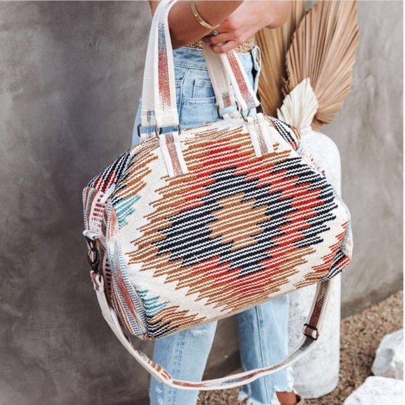 New Aztec Woven Tribal Boho Duffle Bag Weekender Travel Tote Purse - Picture 3 of 8
